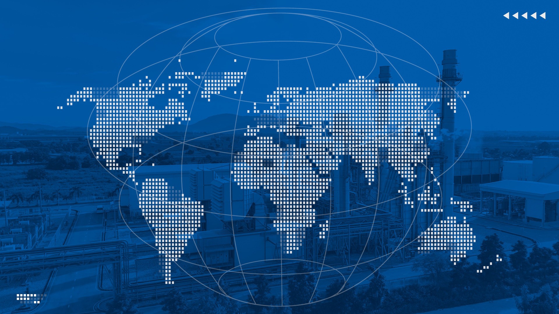 Blank World map overlay with large industry factory building, Power plant, Petroleum complex background on blue color tone graphic for world wide business present background.